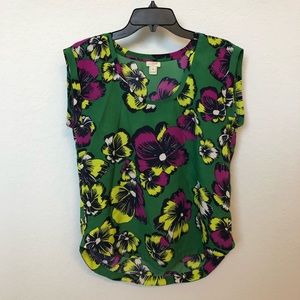 J Crew green floral dressy blouse
